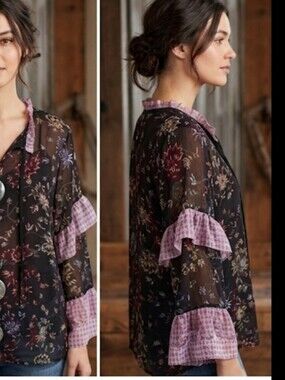 Sheer black floral boho blouse L ruffle sleeves ANA